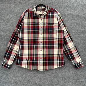 Eddie Bauer Flannel Button Up Shirt Mens XL White Red Tartan Plaid Classic Fit